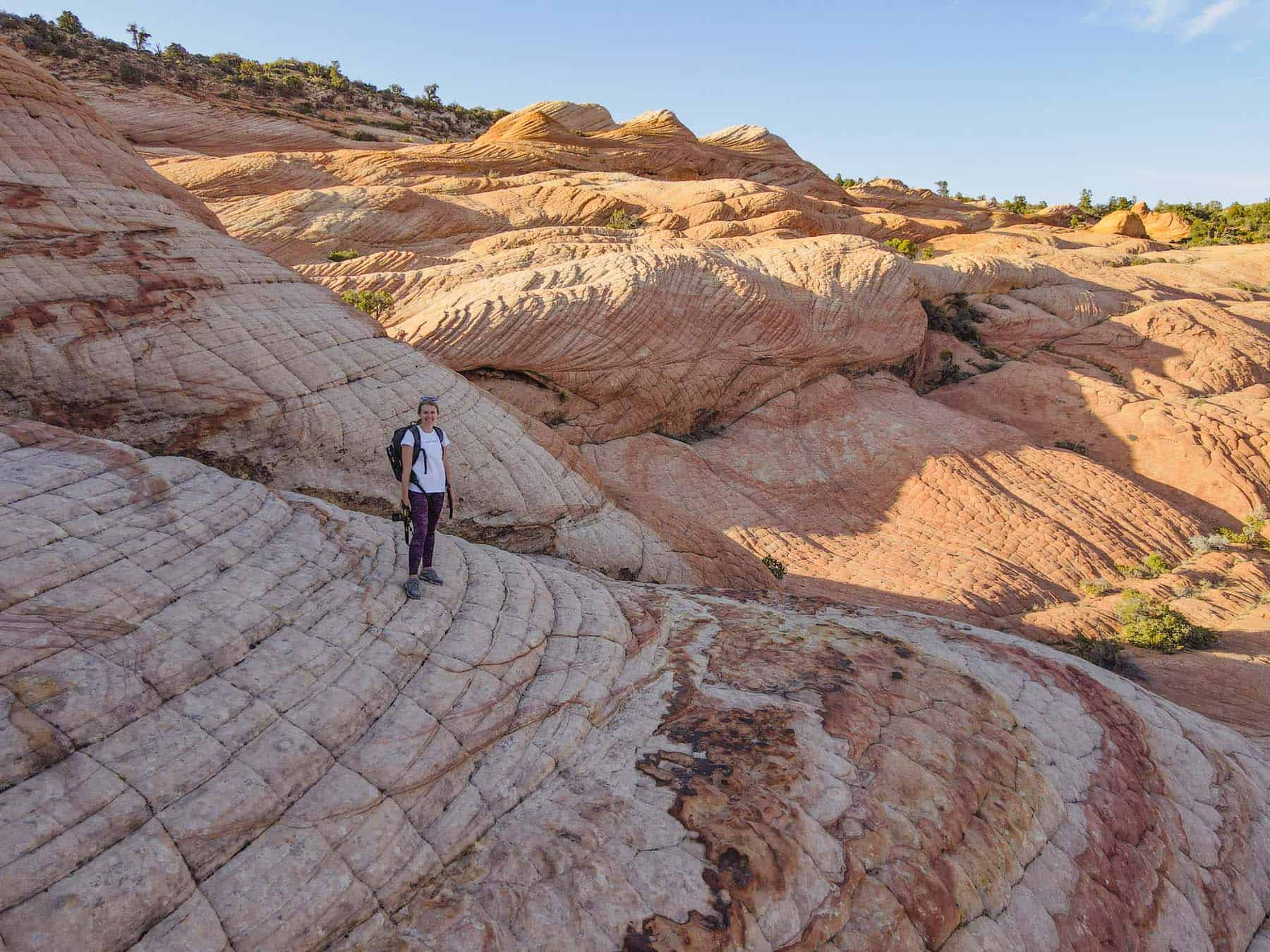 Female hiker posing among the orange and yellow rocks on the Yant Flat to Candy Cliffs trail